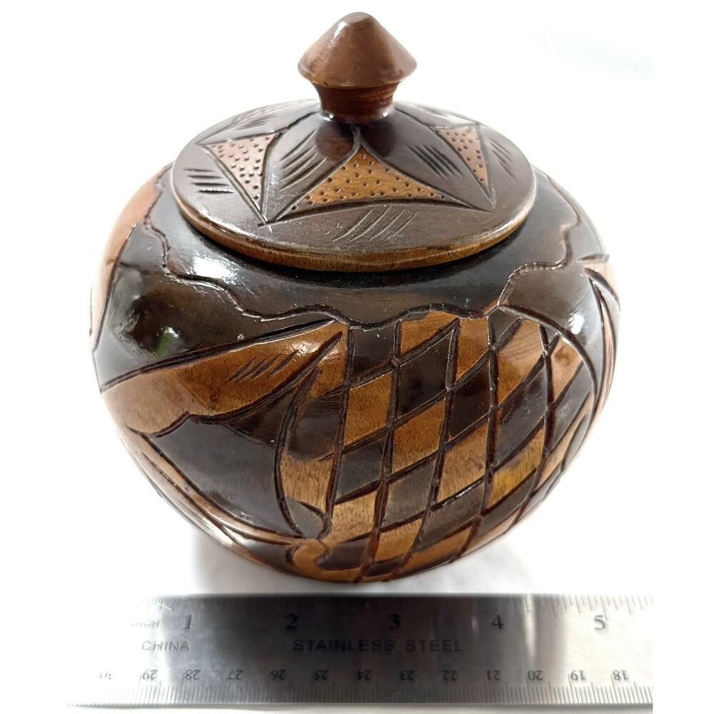 Hand Carved Teak Wood Lidded Jar Indonesian Folk Art Animal Motif Trinket Box 5” - Picture 7 of 9